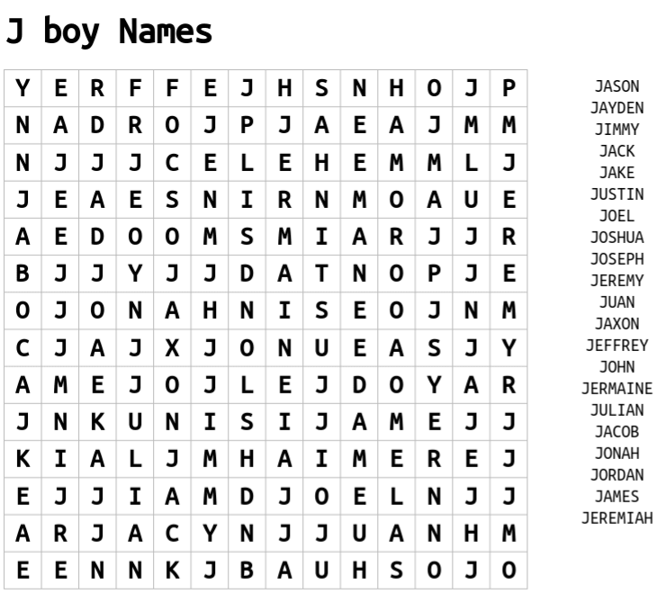 Wordsearch 'J' Boy Names Quiz By jackfrog10